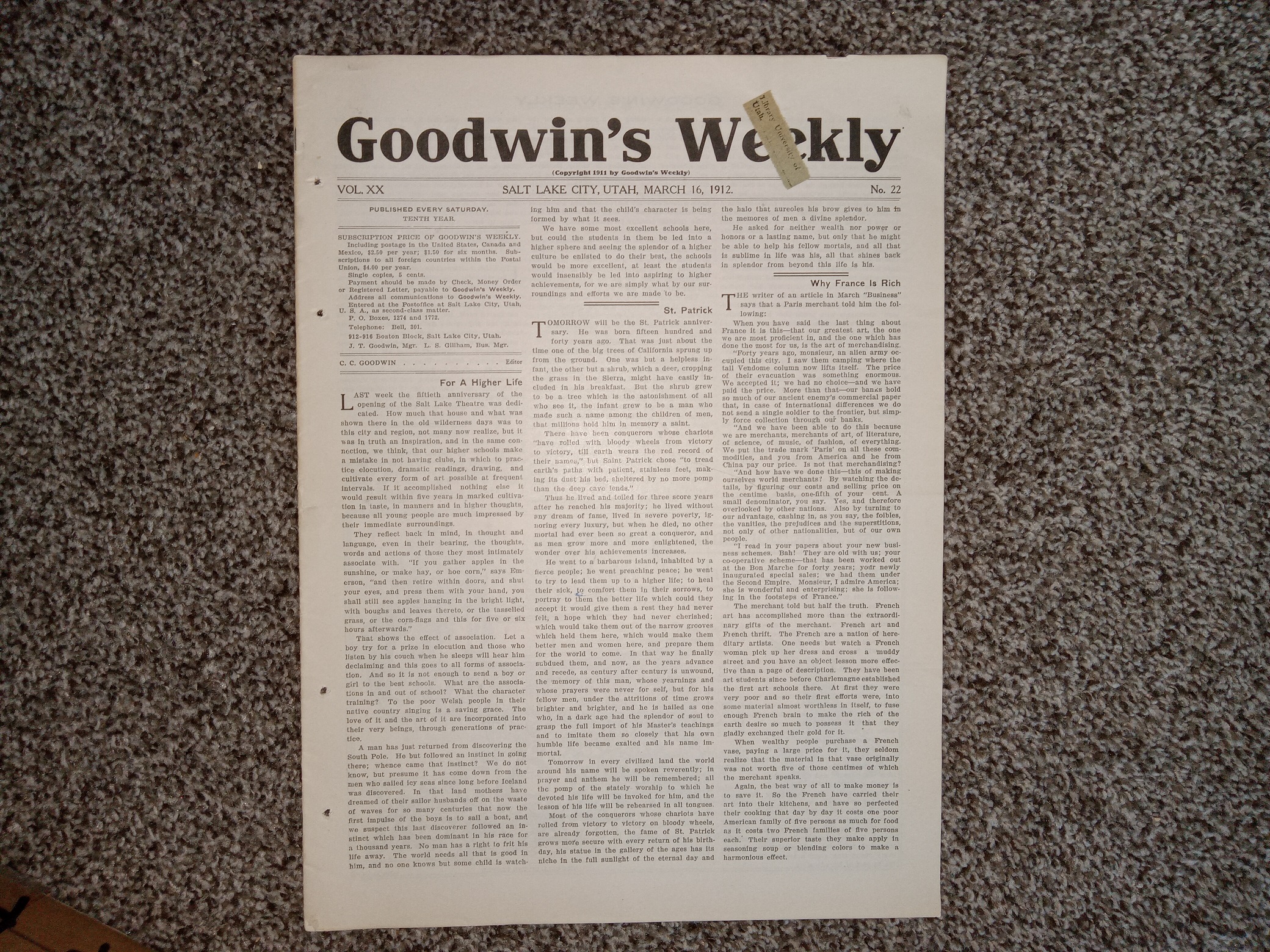 Goodwin’s Weekly: Vol. 20, No. 22, Salt Lake City, Utah, March 16, 1912 (Newspaper) (1912)
