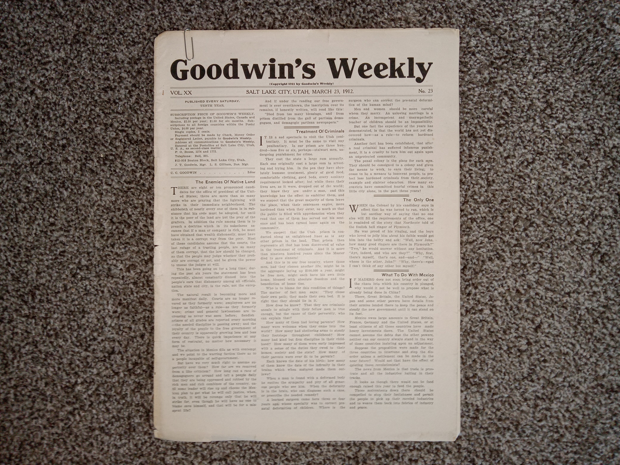 Goodwin’s Weekly: Vol. 20, No. 23, Salt Lake City, Utah, March 23, 1912 (Newspaper) (1912)