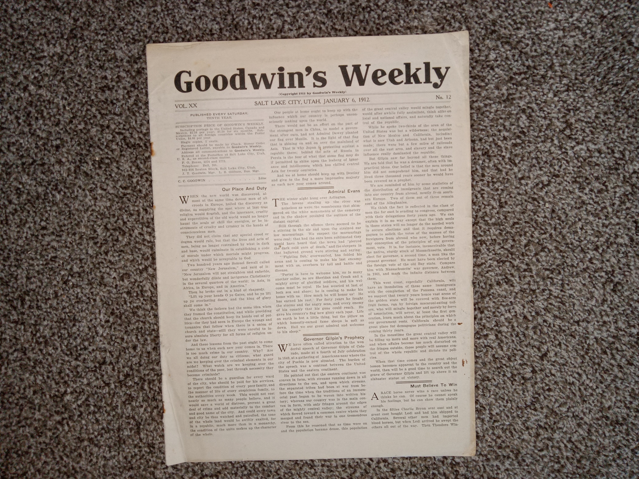 Goodwin’s Weekly: Vol. 20, No. 12, Salt Lake City, Utah, January 6, 1912 (Newspaper) (1912)