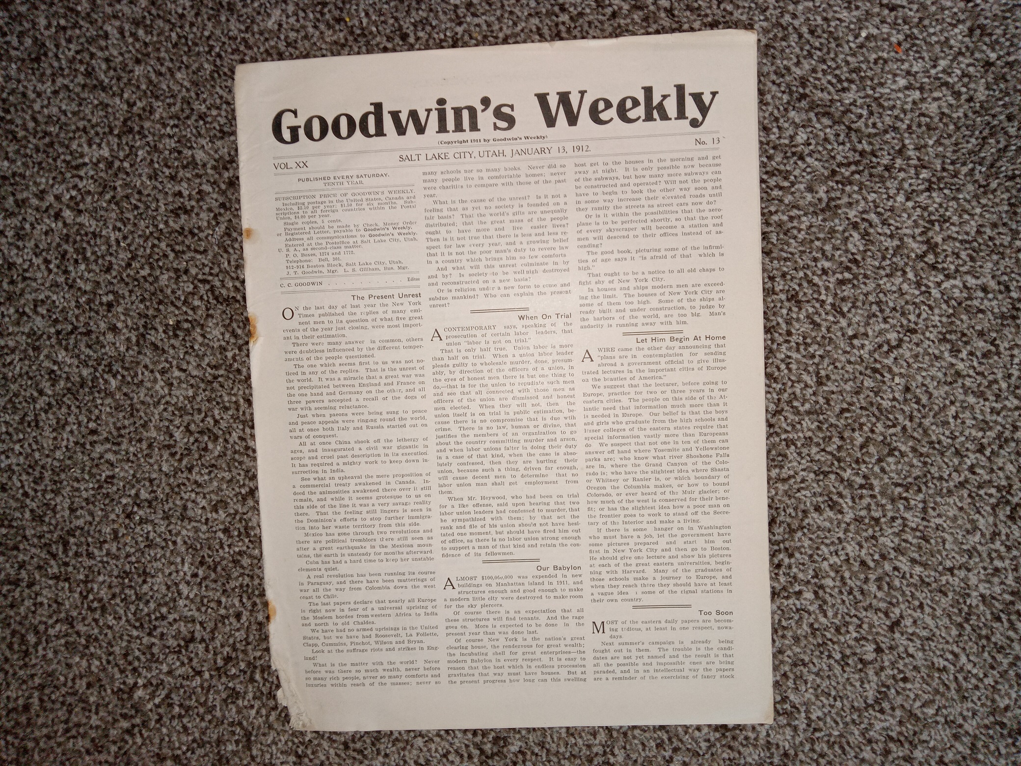 Goodwin’s Weekly: Vol. 20, No. 13, Salt Lake City, Utah, January 13, 1912 (Newspaper) (1912)