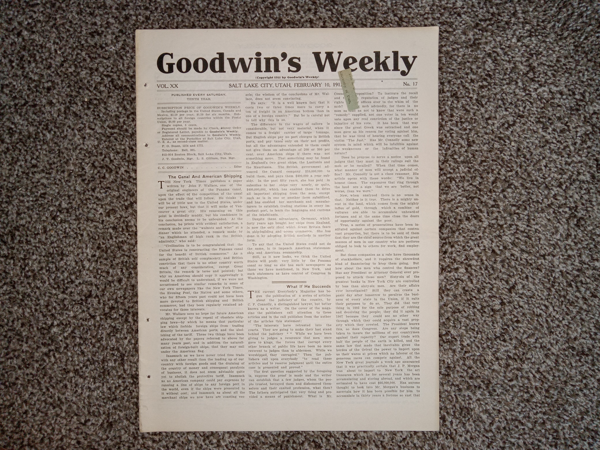 Goodwin’s Weekly: Vol. 20, No. 17, Salt Lake City, Utah, February 10, 1912 (Newspaper) (1912)