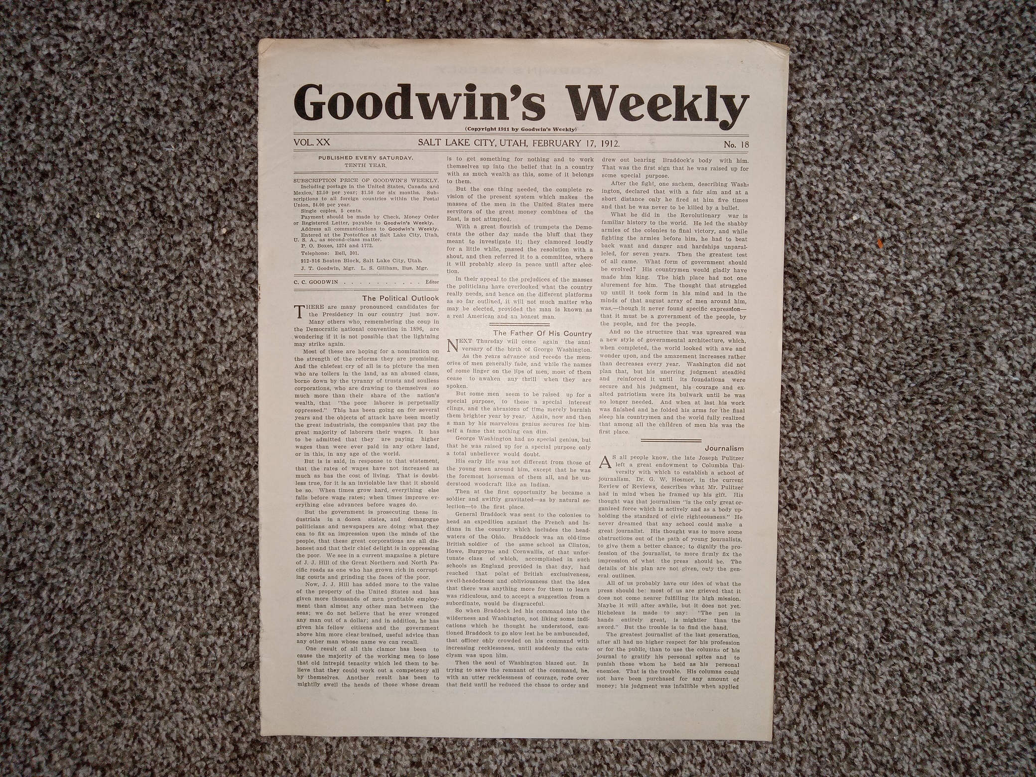 Goodwin’s Weekly: Vol. 20, No. 18, Salt Lake City, Utah, February 17, 1912 (Newspaper) (1912)