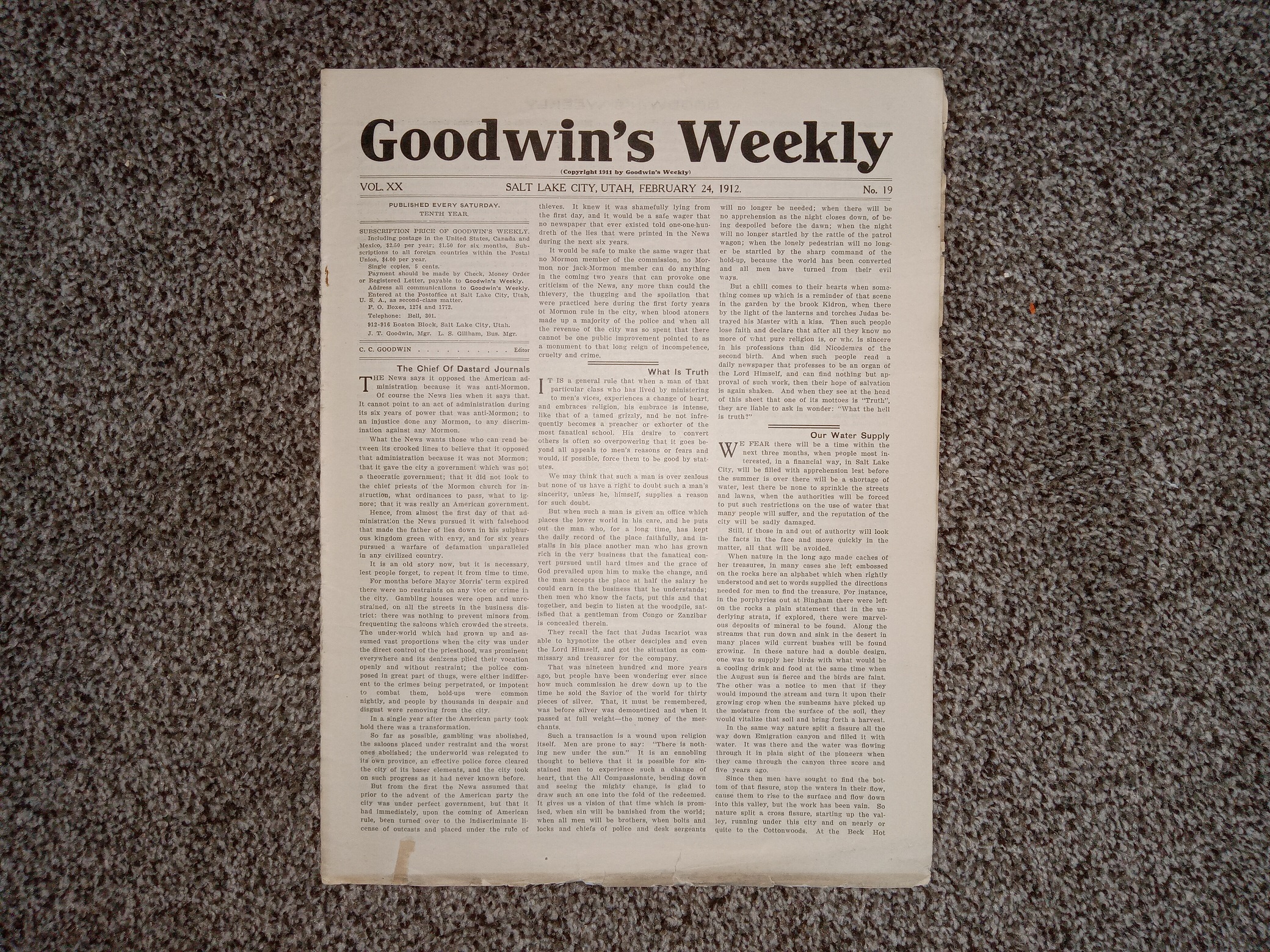Goodwin’s Weekly: Vol. 20, No. 19, Salt Lake City, Utah, February 24, 1912 (Newspaper) (1912)