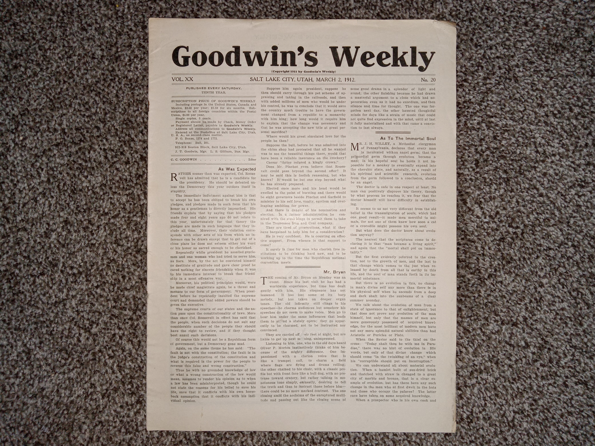 Goodwin’s Weekly: Vol. 20, No. 2, Salt Lake City, Utah, March 2, 1912 (Newspaper) (1912)