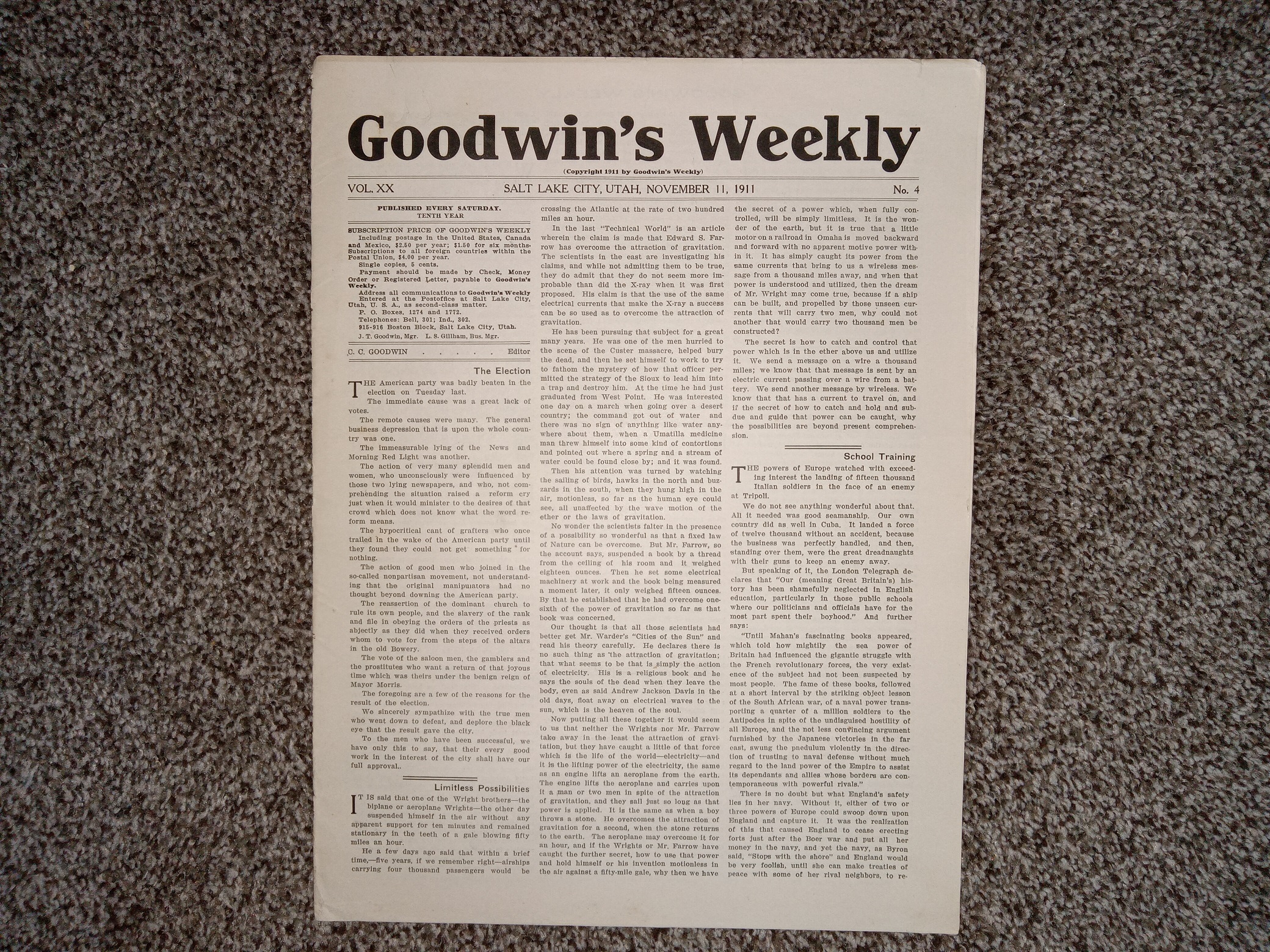 Goodwin’s Weekly: Vol. 20, No. 4, Salt Lake City, Utah, November 11, 1911 (Newspaper) (1911)