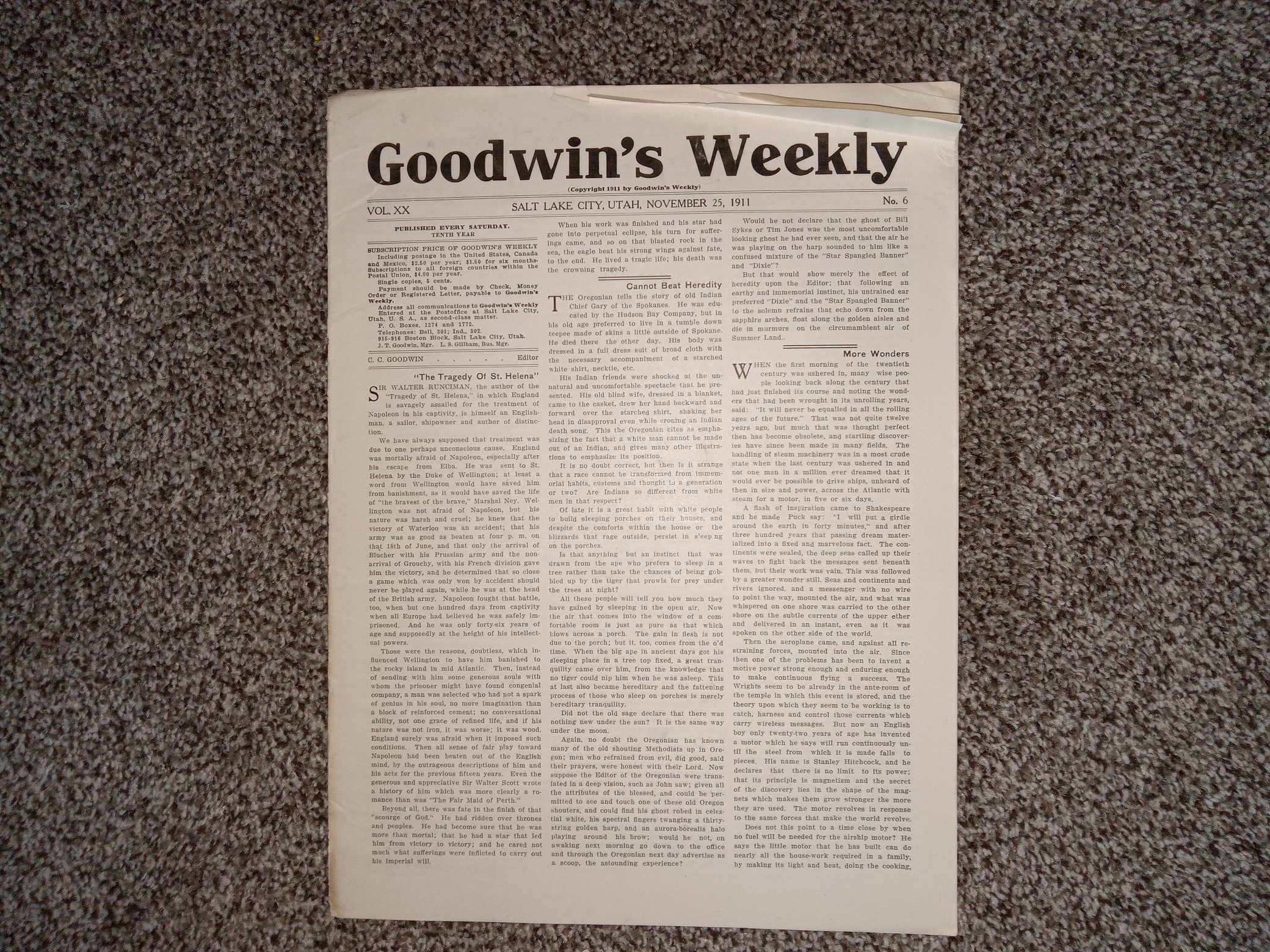 Goodwin’s Weekly: Vol. 20, No. 6, Salt Lake City, Utah, November 25, 1911 (Newspaper) (1911)