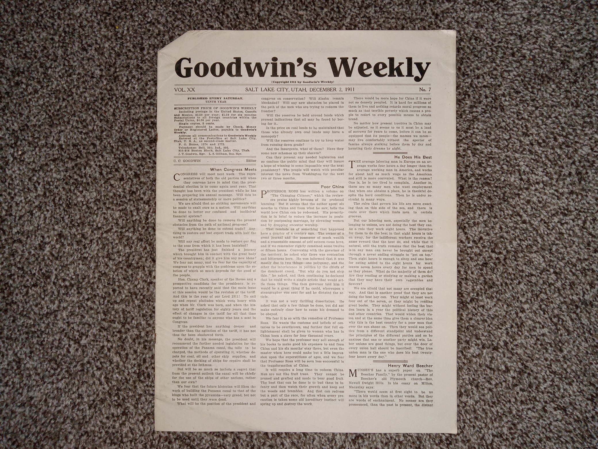 Goodwin’s Weekly: Vol. 20, No. 7, Salt Lake City, Utah, December 2, 1911 (Newspaper) (1911)