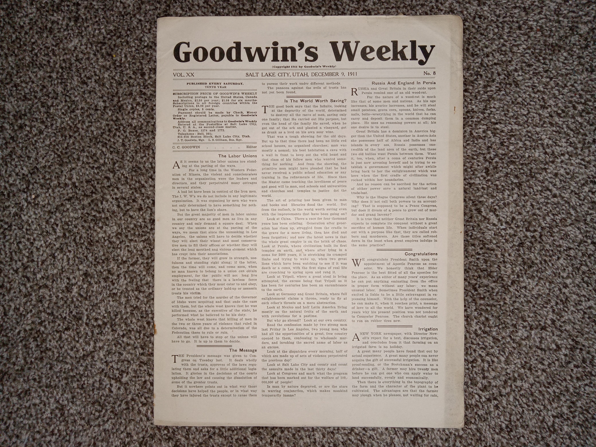 Goodwin’s Weekly: Vol. 20, No. 8, Salt Lake City, Utah, December 9, 1911 (Newspaper) (1911)