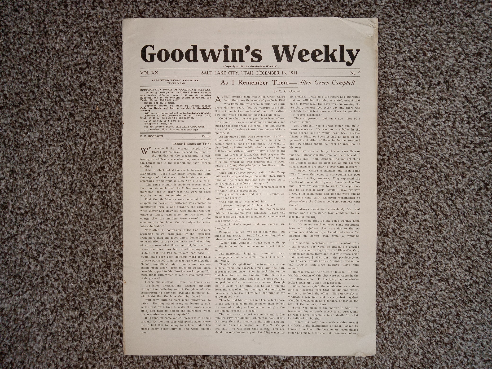Goodwin’s Weekly: Vol. 20, No. 9, Salt Lake City, Utah, December 16, 1911 (Newspaper) (1911)