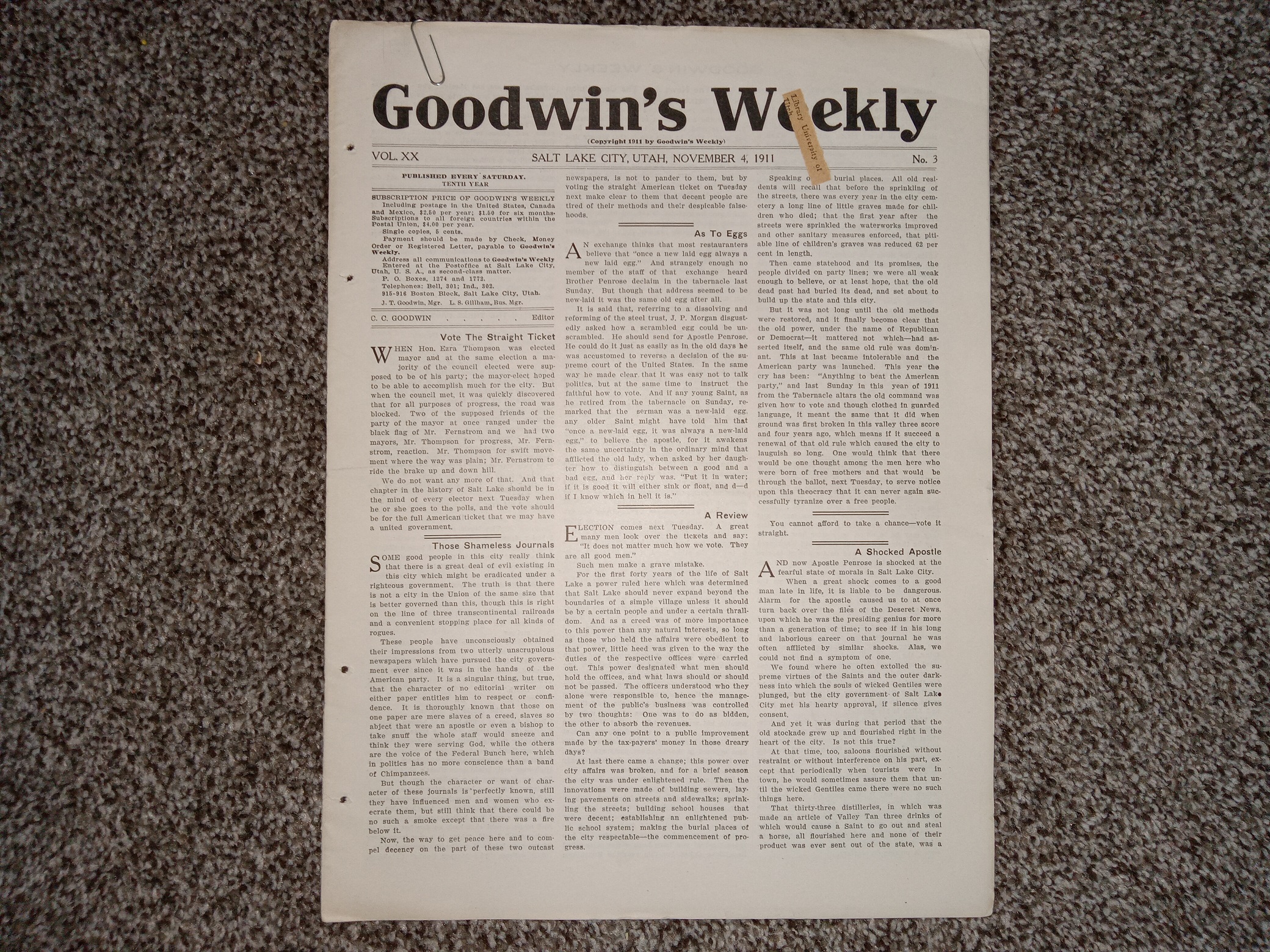 Goodwin’s Weekly: Vol. 20, No. 3, Salt Lake City, Utah, November 4, 1911 (Newspaper) (1911)