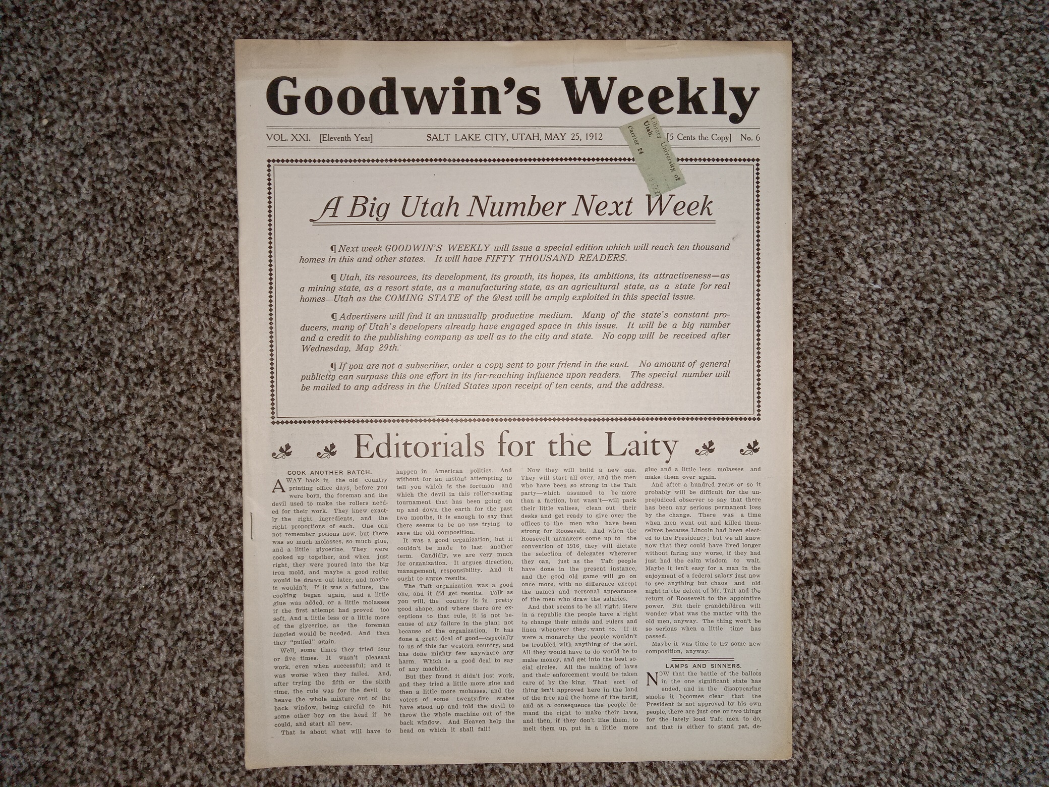 Goodwin’s Weekly: Vol. 21, No. 6, Salt Lake City, Utah, May 25, 1912 (Newspaper) (1912)