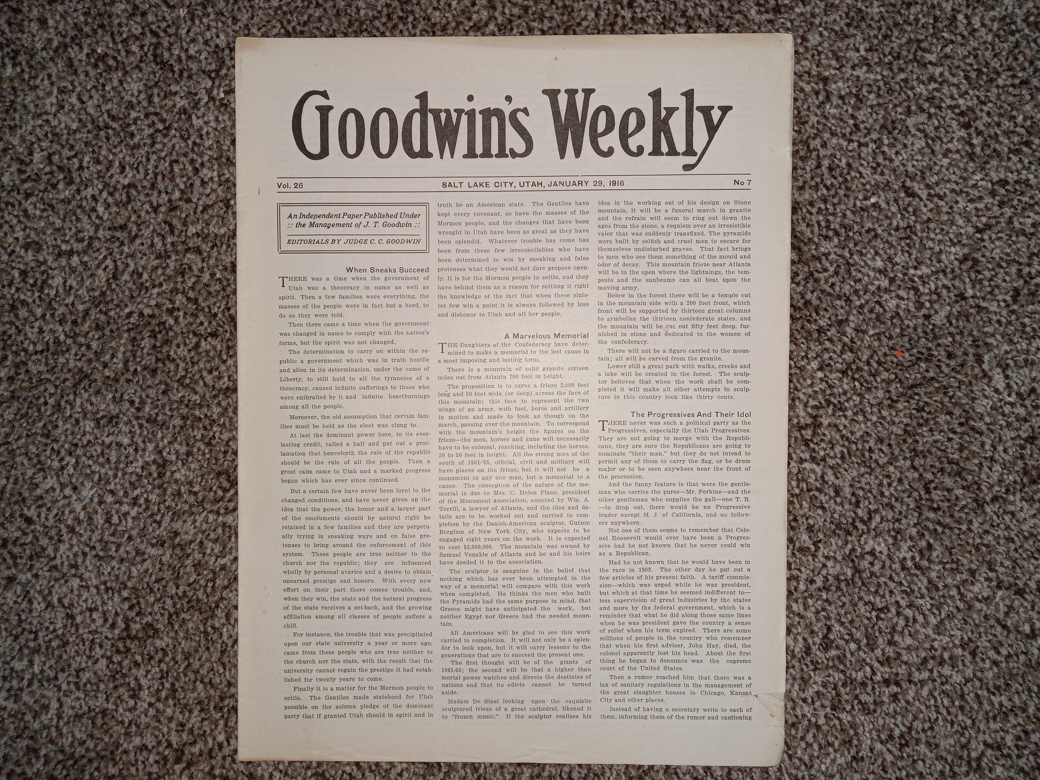 Goodwin’s Weekly: Vol. 26, No. 7, Salt Lake City, Utah, January 29, 1916 (Newspaper) (1916)