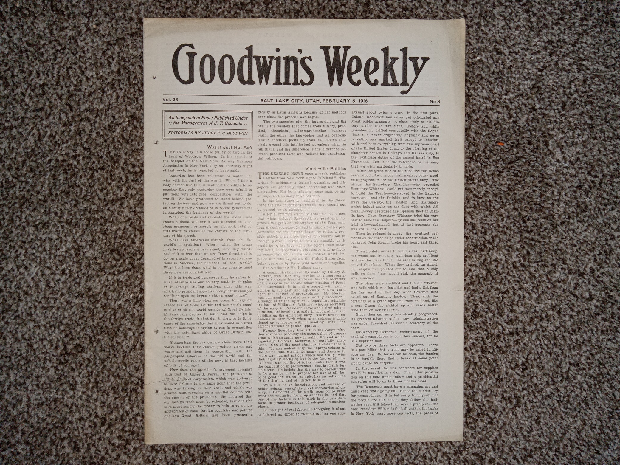 Goodwin’s Weekly: Vol. 26, No. 8, Salt Lake City, Utah, February 5, 1916 (Newspaper) (1916)