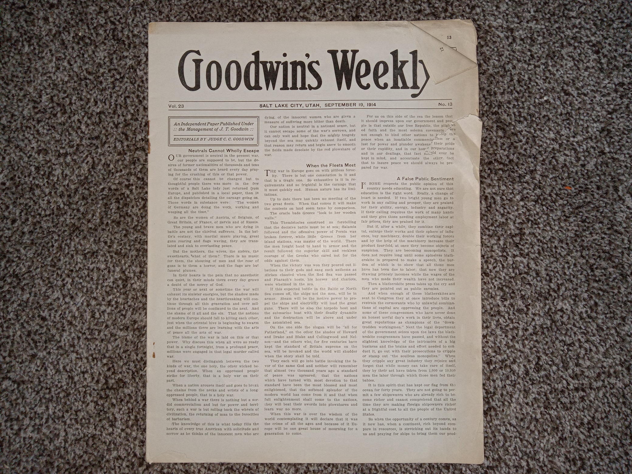 Goodwin’s Weekly: Vol. 23, No. 13, Salt Lake City, Utah, September 19, 1914 (Newspaper) (1914)