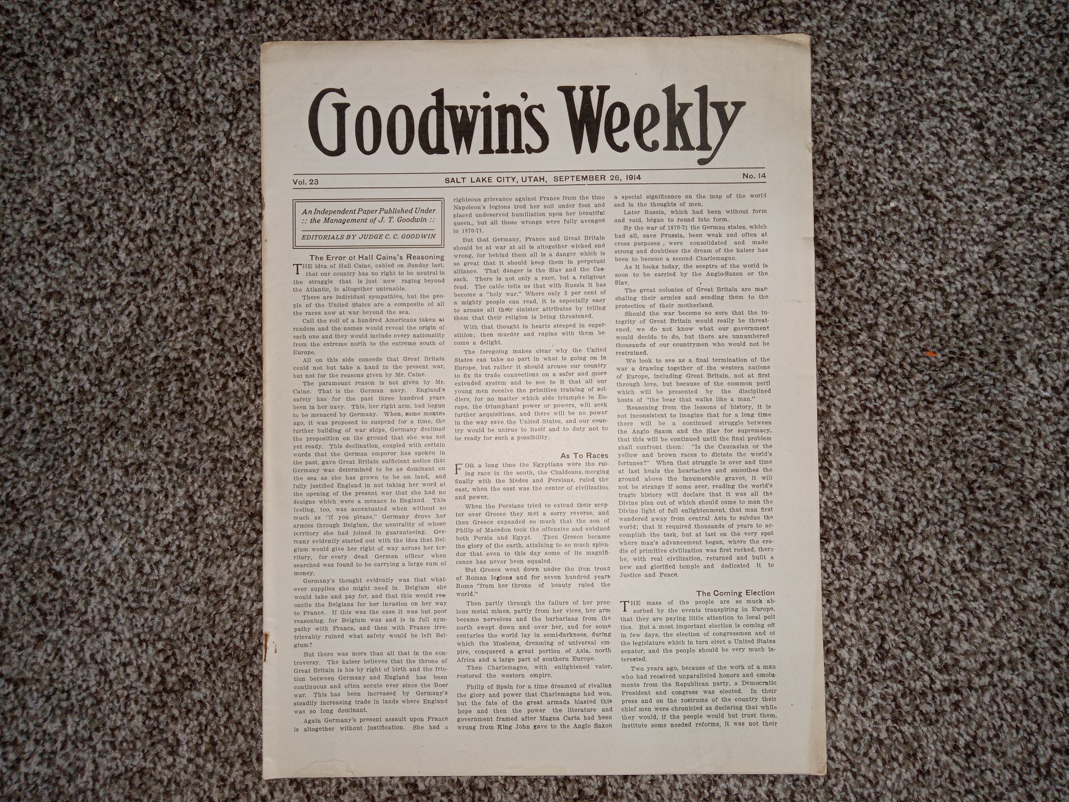 Goodwin’s Weekly: Vol. 23, No. 14, Salt lake City, Utah, September 20, 1914 (Newspaper) (1914)