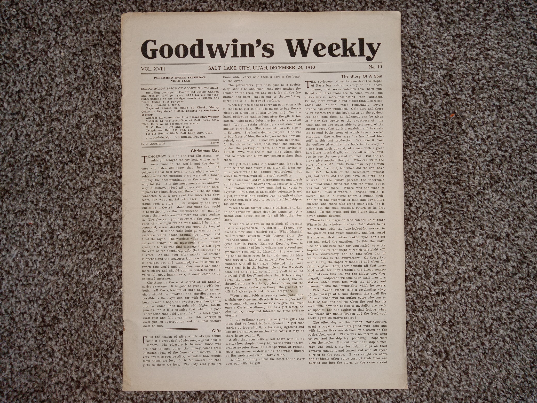 Goodwin’s Weekly: Vol. 18, No. 10, Salt Lake City. Utah, December 24, 1910 (Newspaper) (1910)