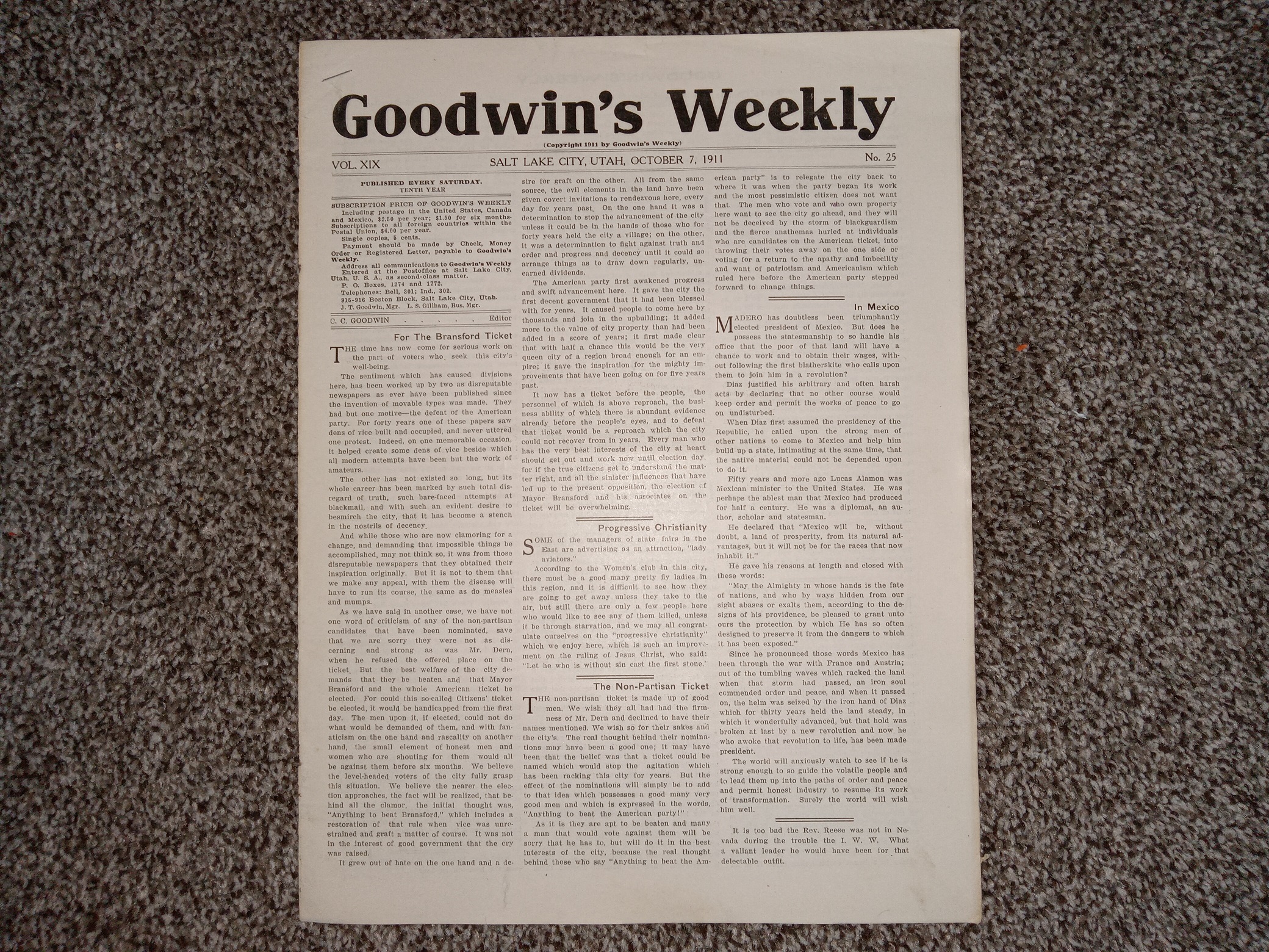 Goodwin’s Weekly: Vol. 19, No. 25, Salt Lake City, Utah, October 7, 1911 (Newspaper) (1911)