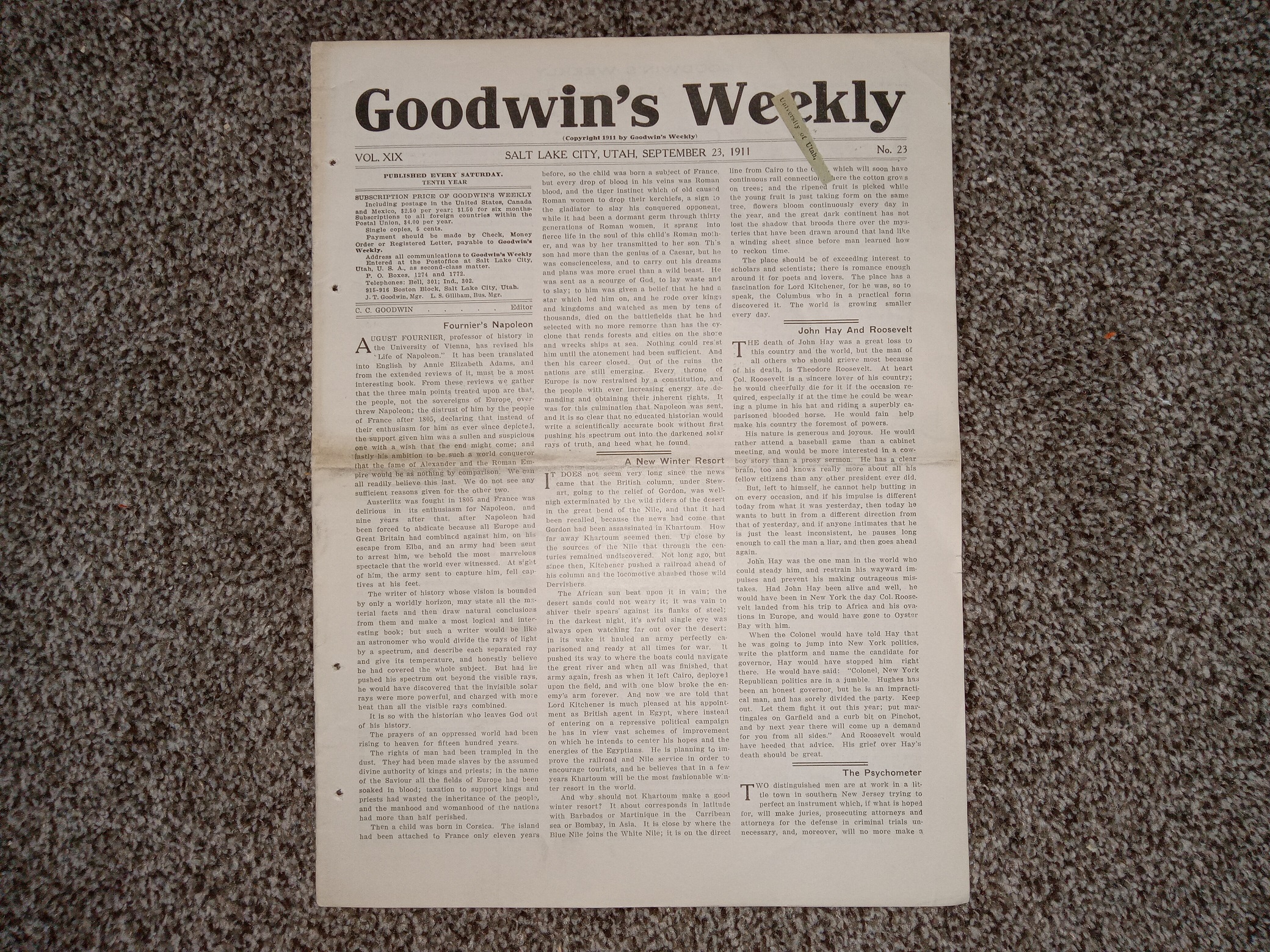 Goodwin’s Weekly: Vol. 19, No. 23, Salt Lake City, Utah, September 23, 1911 (Newspaper) (1911)