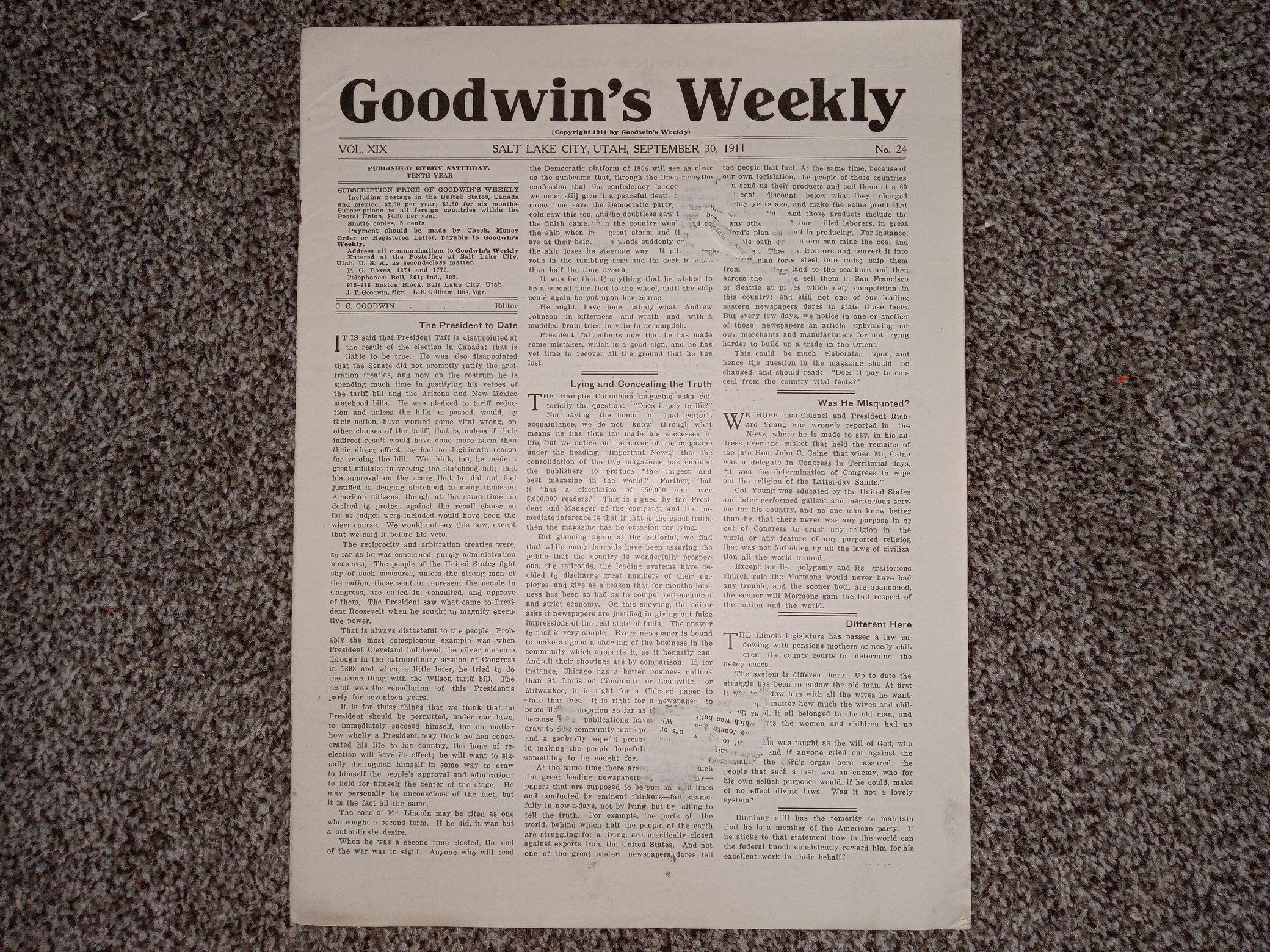 Goodwin’s Weekly: Vol. 19, No. 24, Salt Lake City, Utah, September 30, 1911 (Newspaper) (1911)