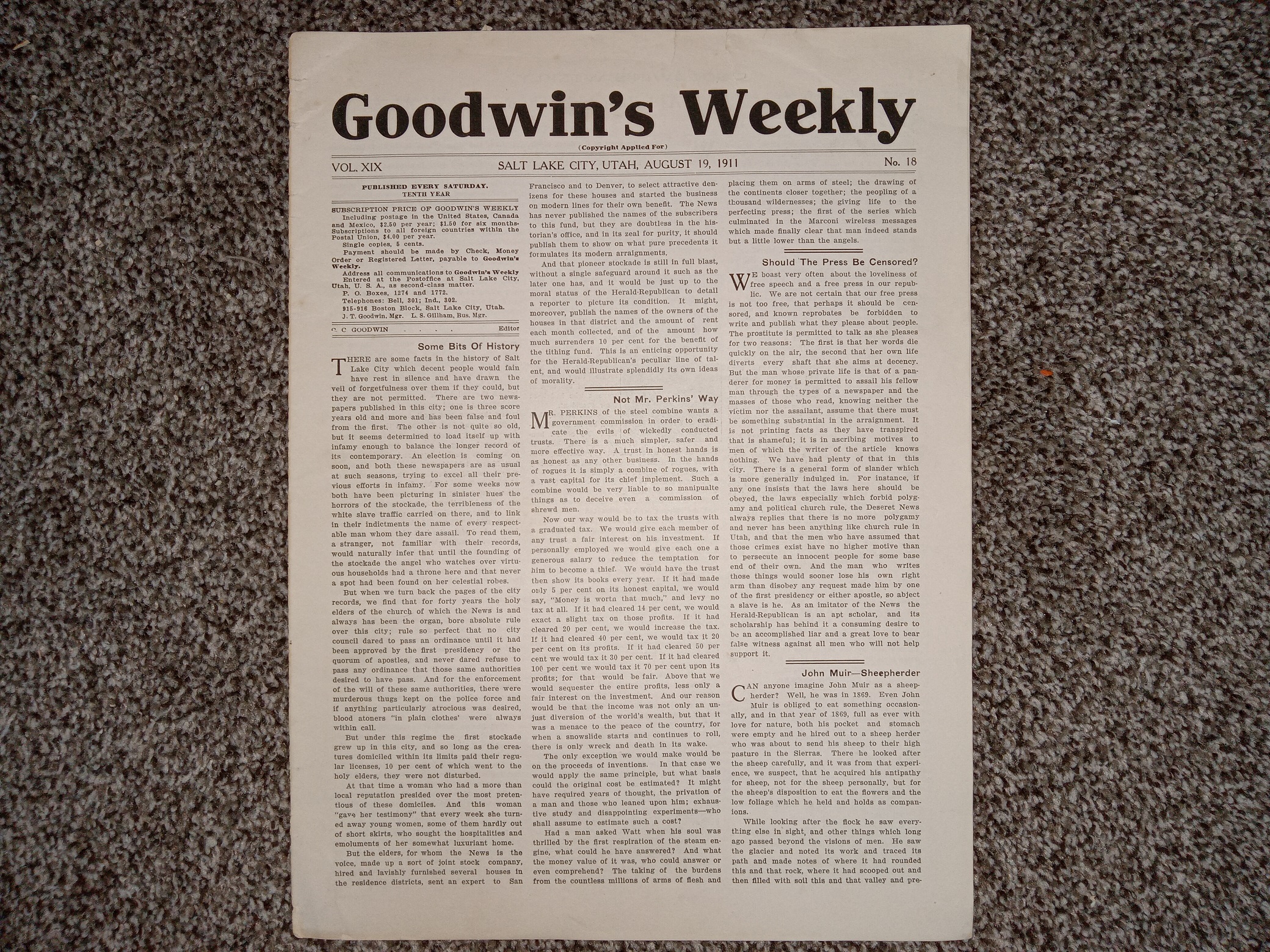 Goodwin’s Weekly: Vol. 19, No. 18, Salt Lake City, Utah, August 19, 1911 (Newspaper) (1911)