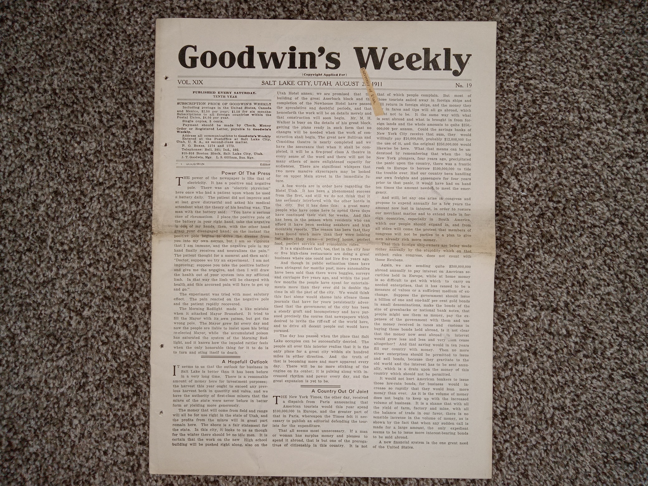 Goodwin’s Weekly: Vol. 19, No. 19, Salt Lake City, Utah, August 26, 1911 (Newspaper) (1911)