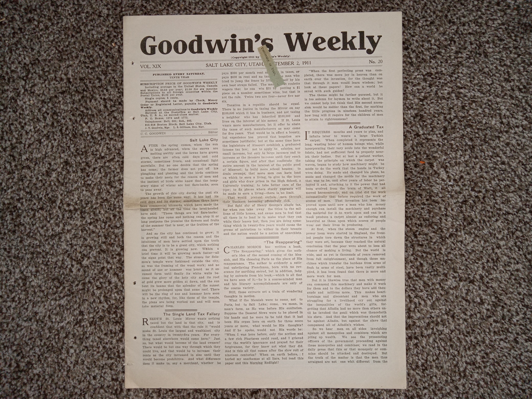 Goodwin’s Weekly: Vol. 19, No. 20, Salt Lake City, Utah, September 2, 1911 (Newspaper) (1911)