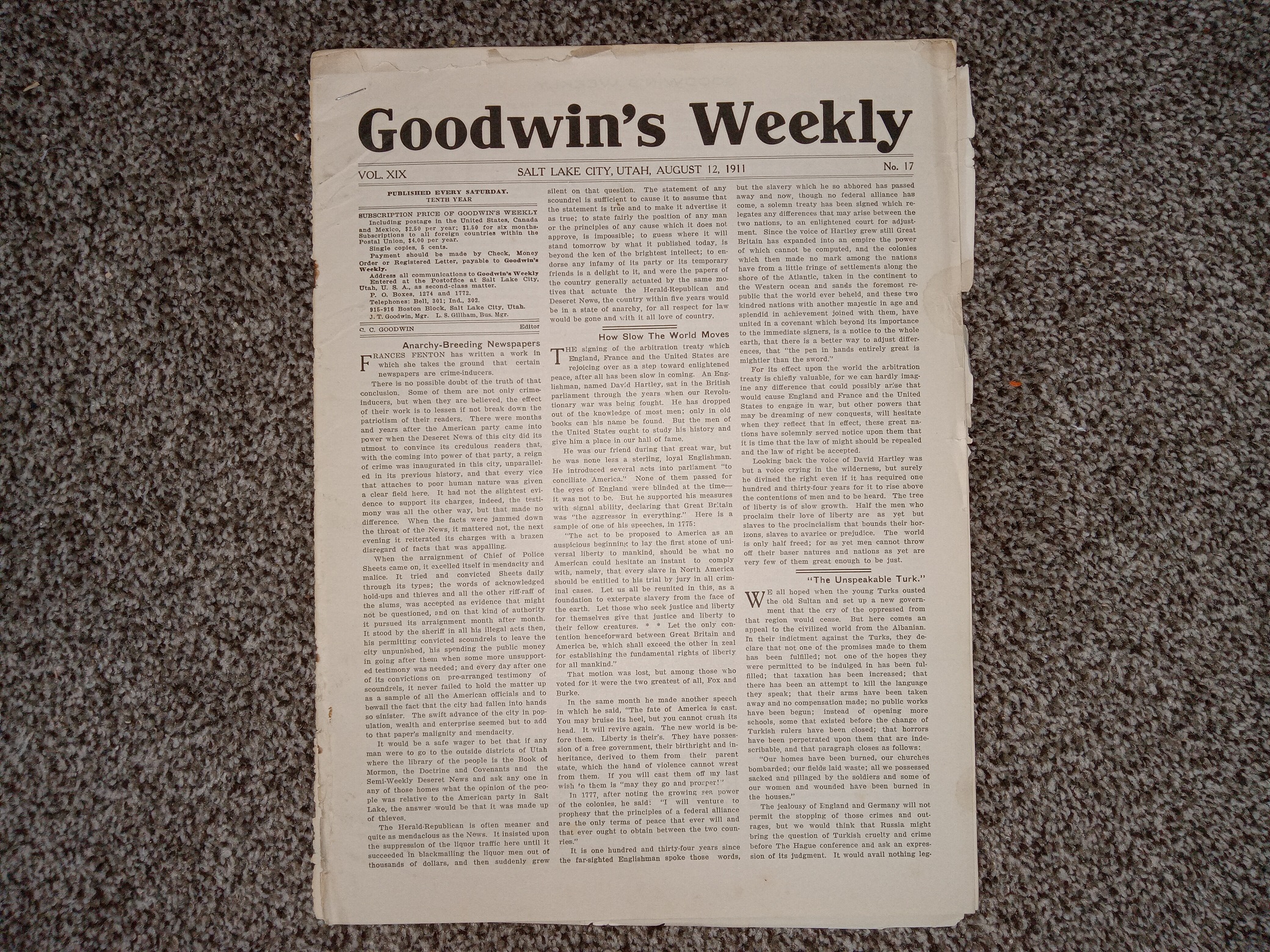 Goodwin’s Weekly: Vol. 19, No. 17, Salt Lake City, Utah, August 12, 1911 (Newspaper) (1911)