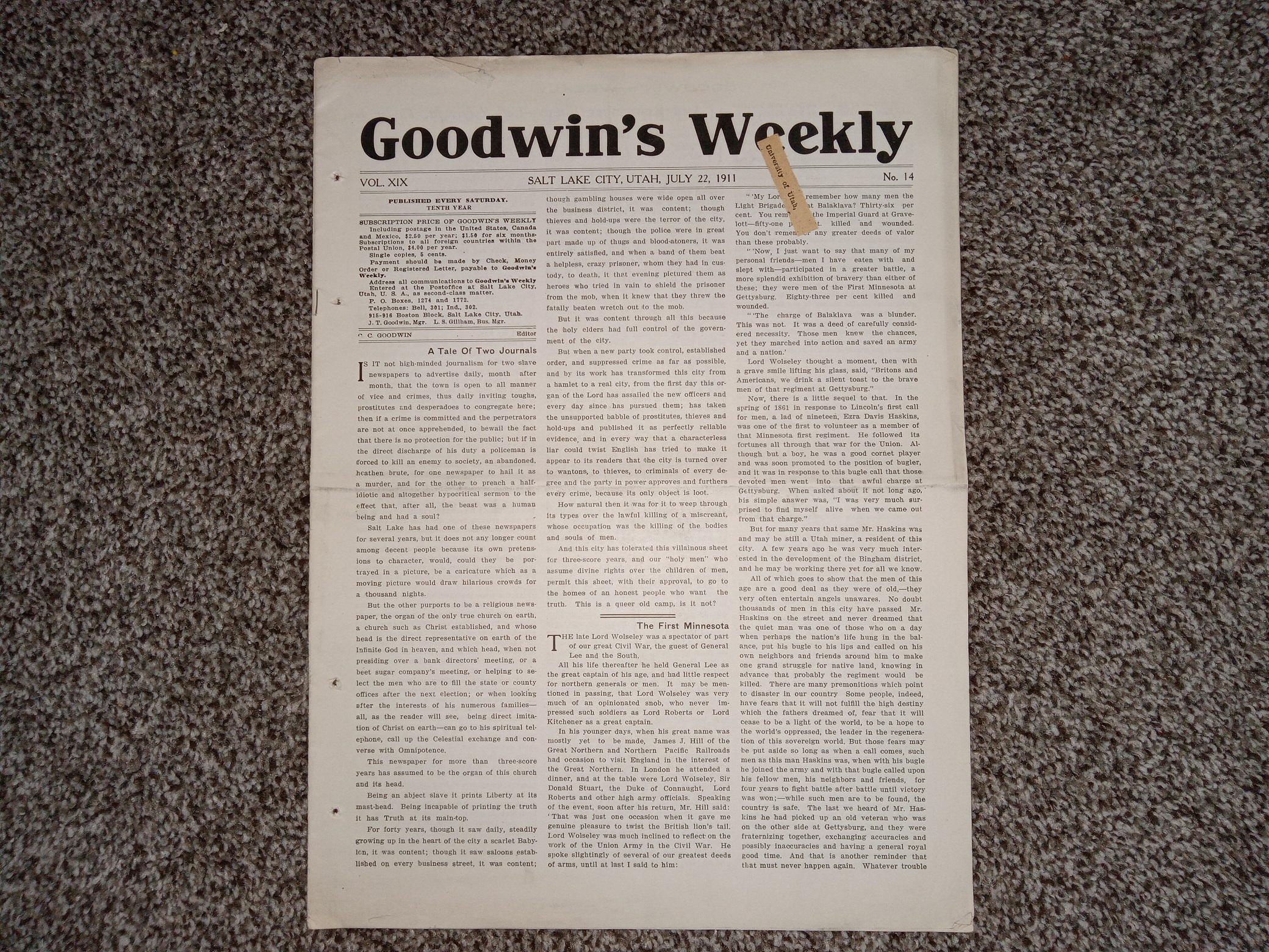 Goodwin’s Weekly: Vol. 19, No. 14, Salt Lake City, Utah, July 22, 1911 (Newspaper) (1911)