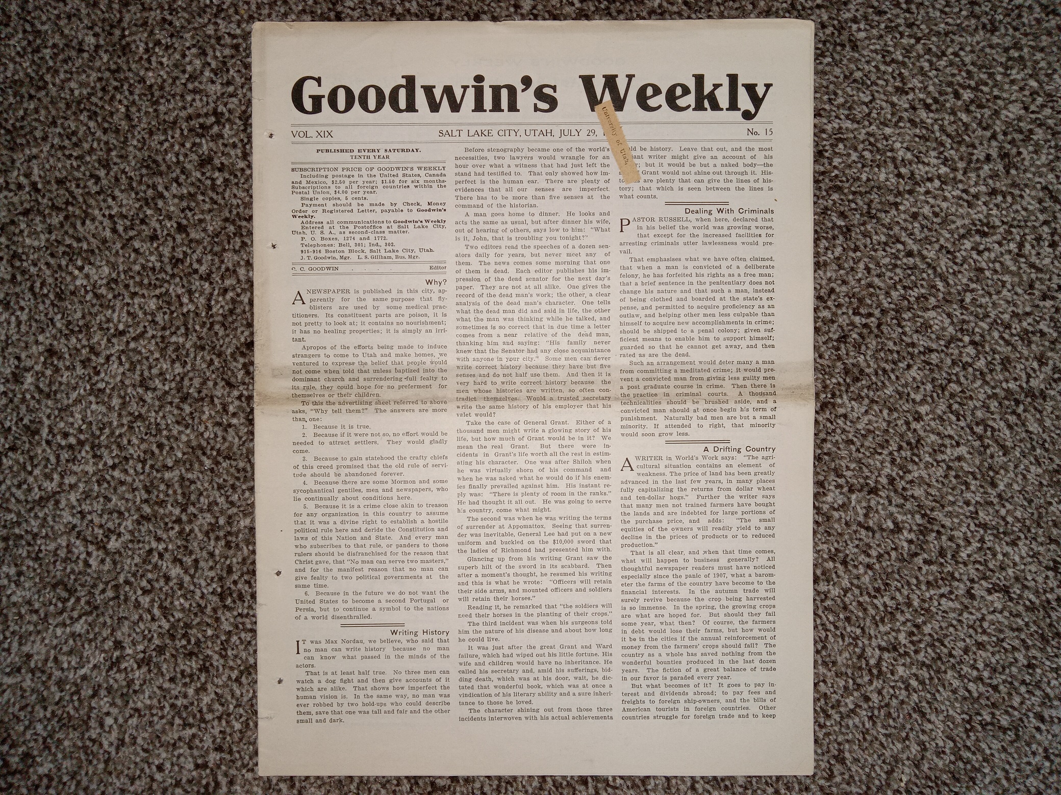 Goodwin’s Weekly: Vol. 19, No. 15, Salt Lake City, Utah, July 29, 1911 (Newspaper) (1911)
