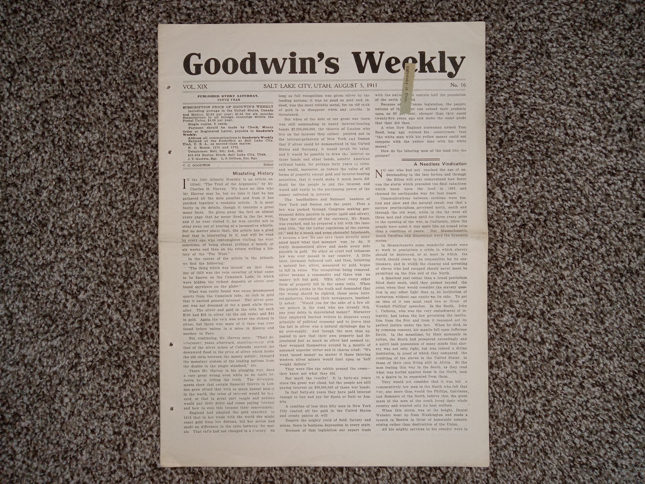 Goodwin’s Weekly: Vol. 19, No. 16, Salt Lake City, Utah, August 5, 1911 (Newspaper) (1911)