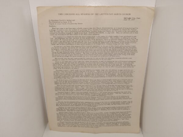 Letter to the Priesthood of the Church of Jesus Chrsit of Latter-day Saints, Written by Robert C. Newson (1957)