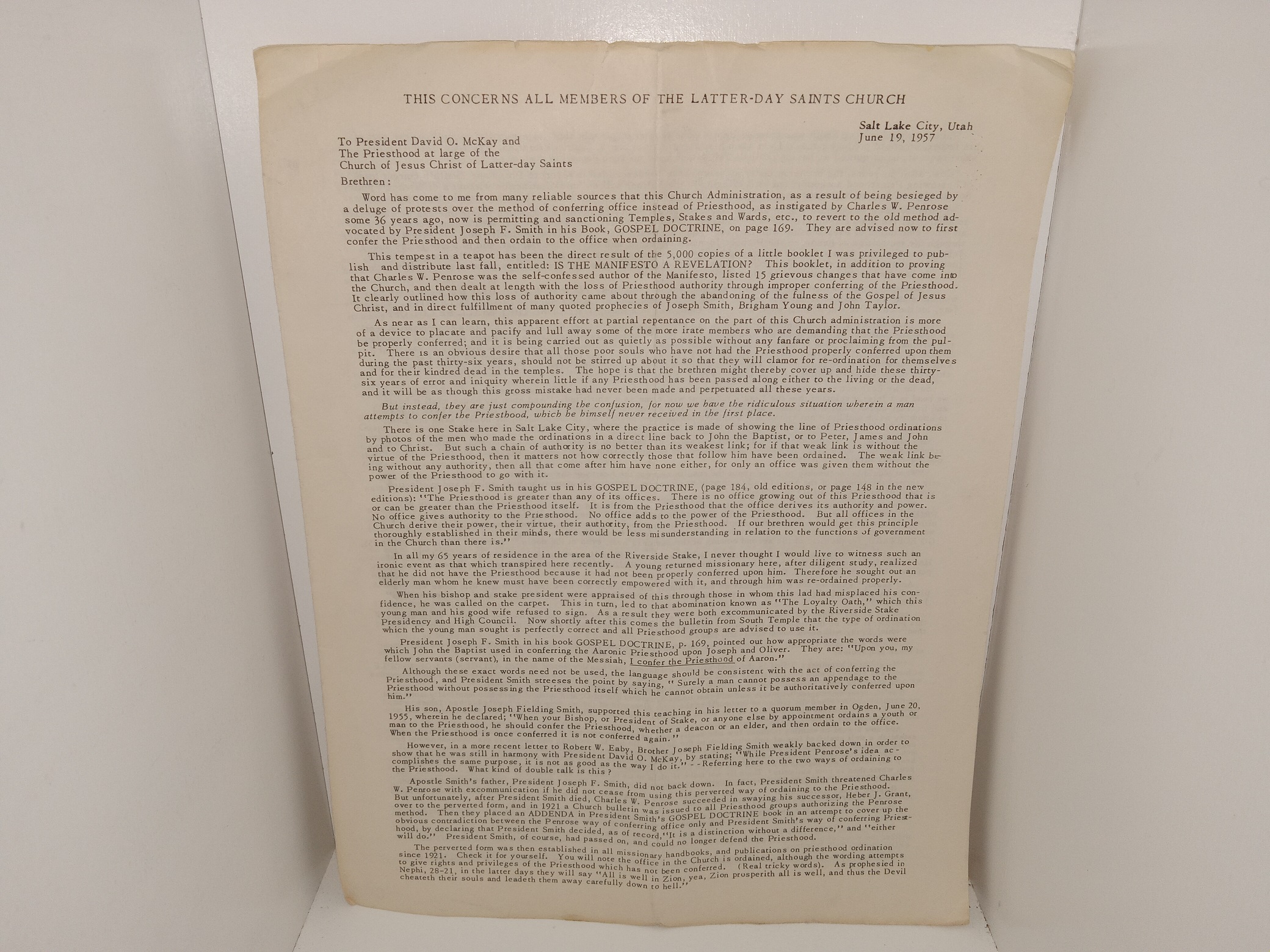 Letter to the Priesthood of the Church of Jesus Chrsit of Latter-day Saints, Written by Robert C. Newson (1957)