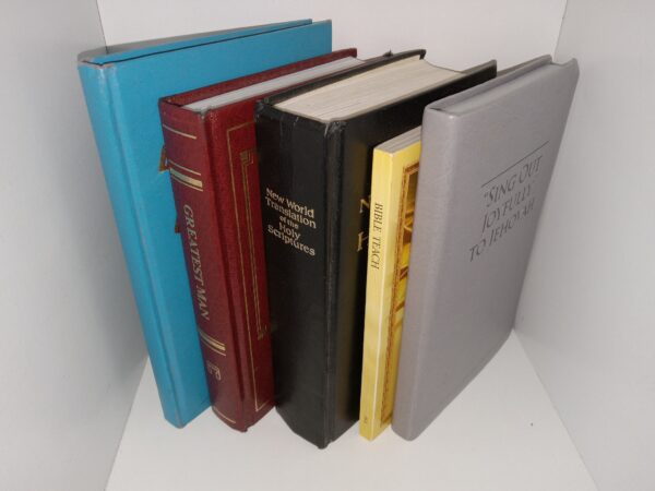 5 Jehovah’s Witness Books: “Sing Out Joyfully” to Jehovah / What Does the Bible Really Teach / New World Translation of the Holy Scriptures / The Greatest Man Who Ever Lived / Did Man Get Here By Evolution Or By Creation? (See Details)