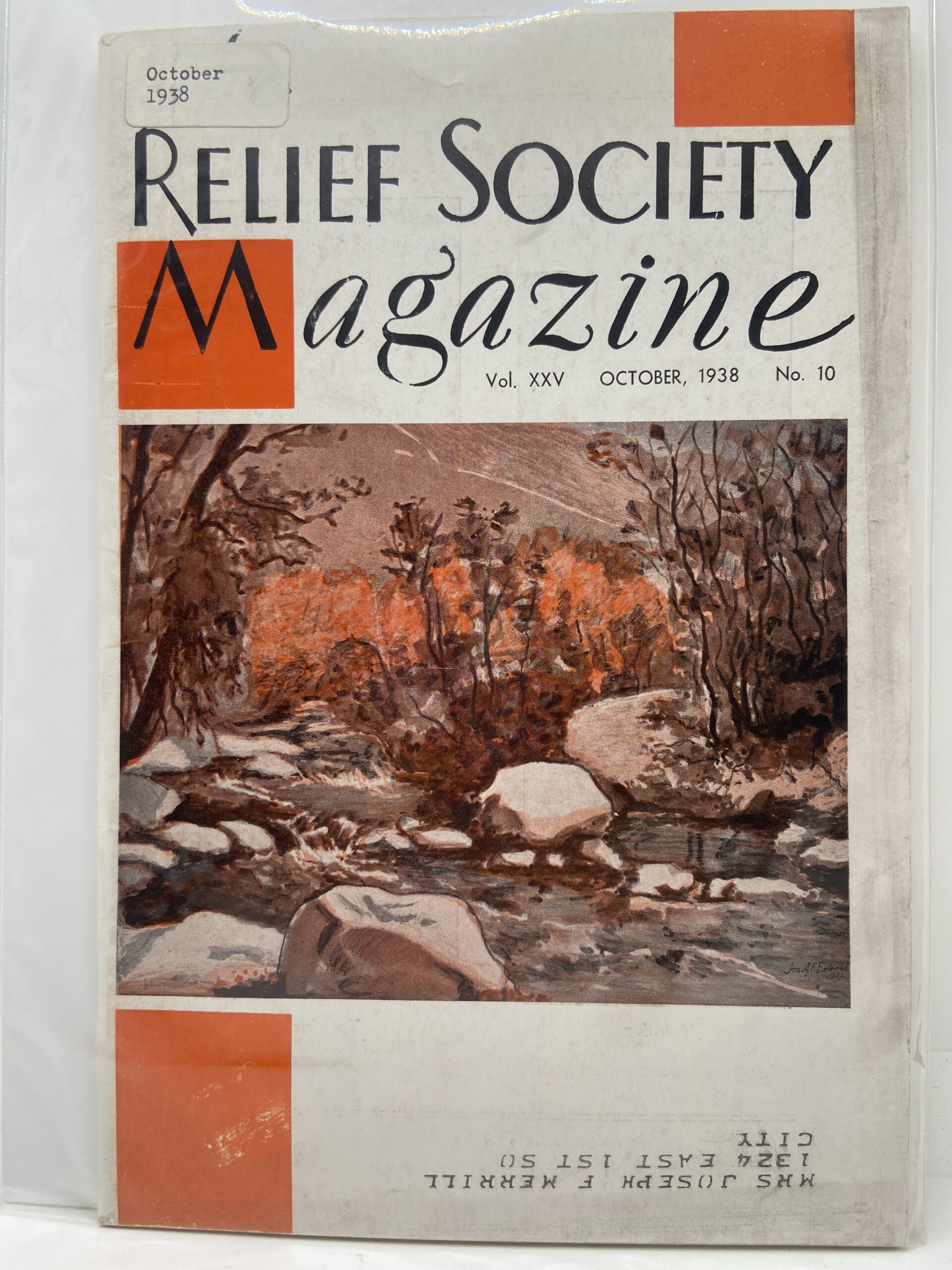 Relief Society Magazine Vol XXV No 10 October, 1938. Owned by Elder Joseph Merrill