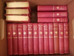 1869 — The Works of L. Muhlbach — 18 Volumes — 3/4 Red Leather Bindings with Marbled Boards