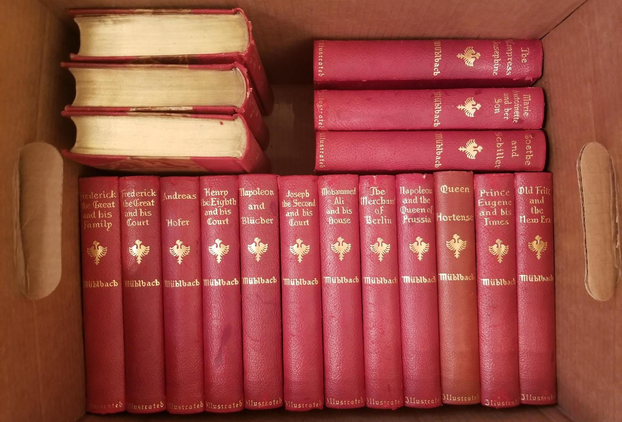 1869 — The Works of L. Muhlbach — 18 Volumes — 3/4 Red Leather Bindings with Marbled Boards