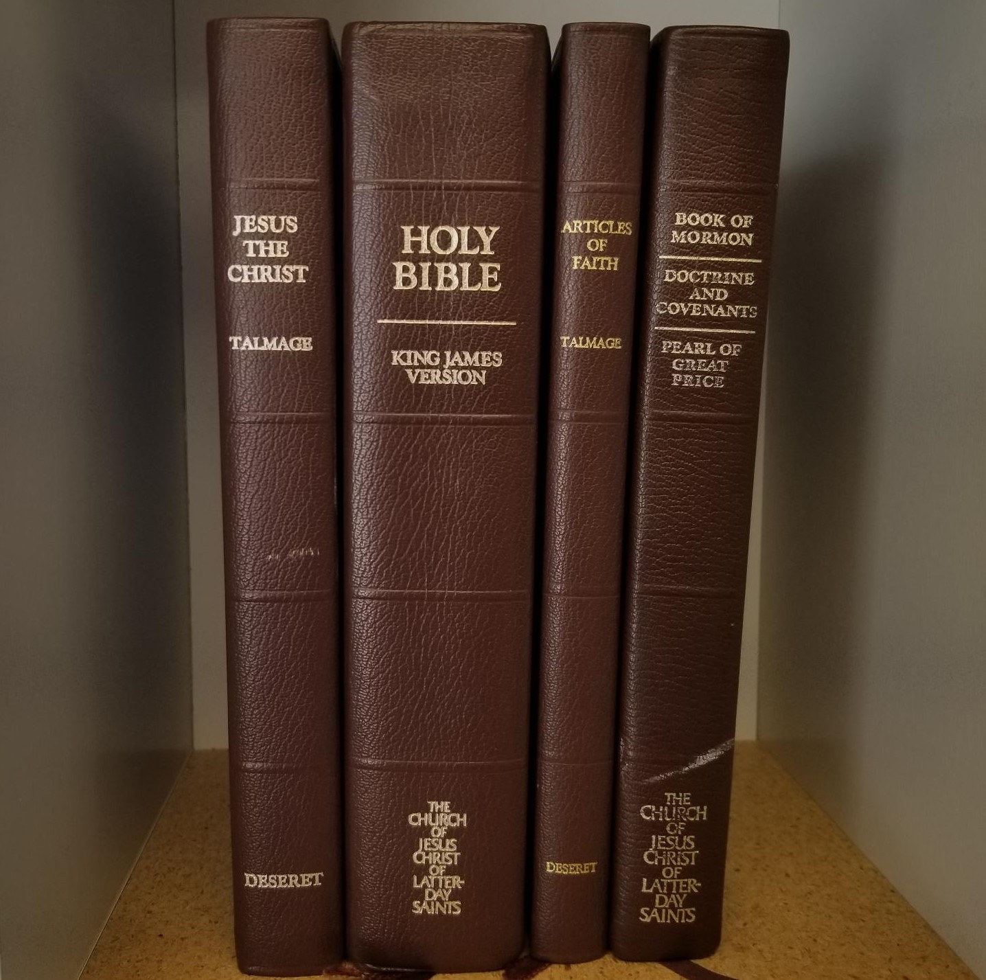4 Leather Books — Church Employee Christmas Gift Editions — 1981-1984 — Triple Combination / Holy Bible / Jesus the Christ / Articles of Faith