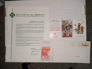 3 Boy Scouting Items Including a Certification Card, an Envelope, and a Letter