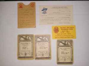 6 Boy Scouting Items Including a Merit Badge Application, 3 Certification Cards, An Invitation for an Eagle Scout – Silver Explorer Recognition Dinner, and an Emergency Contact Form/Pouch