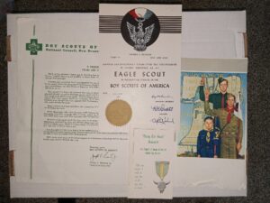 4 Boy Scouting Items Including a “Duty to God” Award Booklet, a Picture, an Eagle Scout Certification, and a Letter