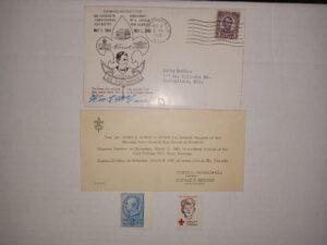 4 Boy Scouting Items Including a Commemorative Envelope, An Invitation to an Annual Dinner of the Nevada Area Council, and 2 Swedish Mailing Stamps