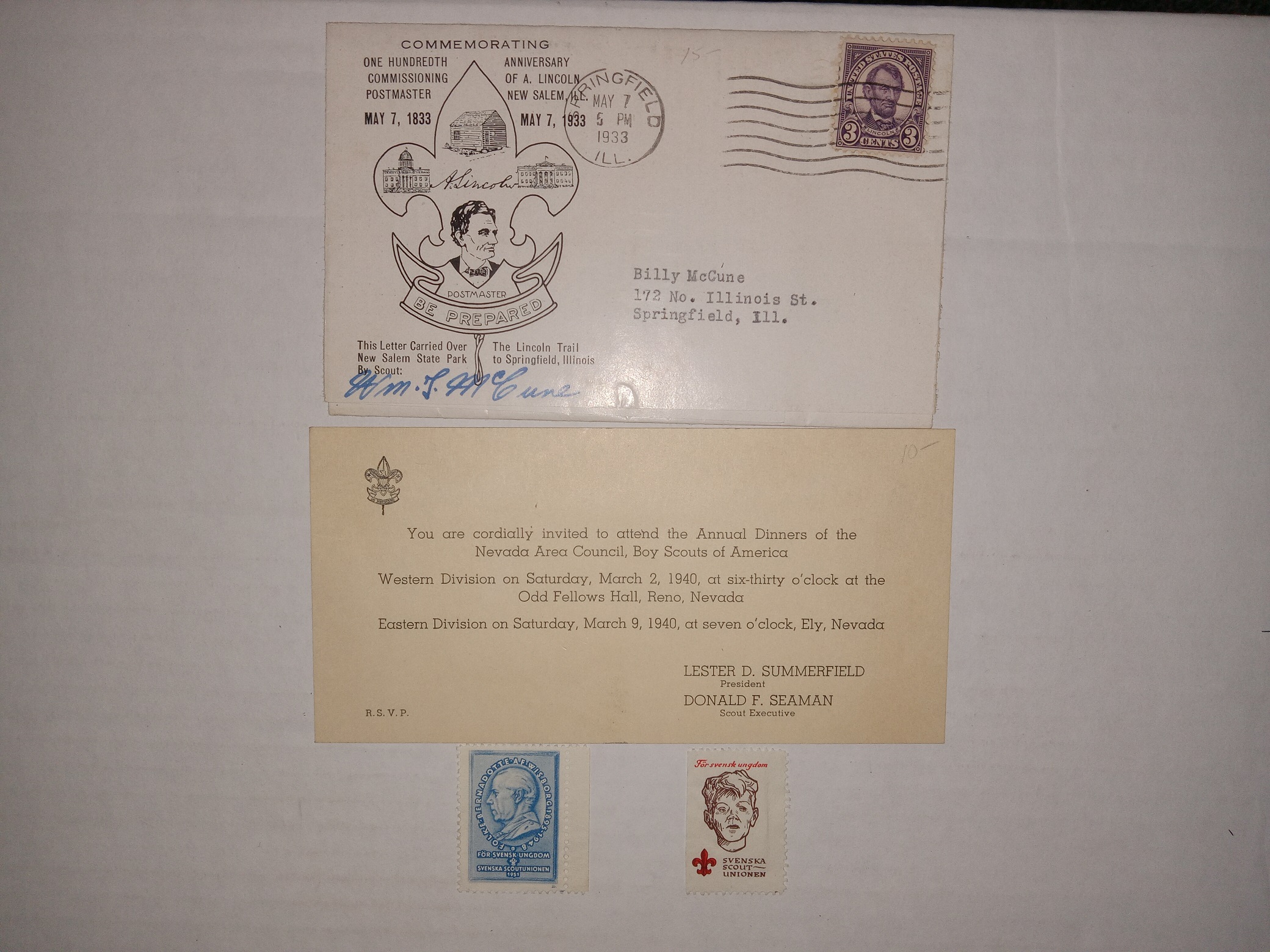 4 Boy Scouting Items Including a Commemorative Envelope, An Invitation to an Annual Dinner of the Nevada Area Council, and 2 Swedish Mailing Stamps