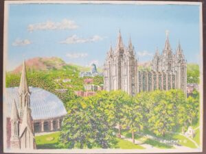 1953 — Temple Square — H. Bautner — Original Handmade with brush & silkscreen in Oilcolors direct on masonite / Ha-Ba Color Creations Salt Lake City