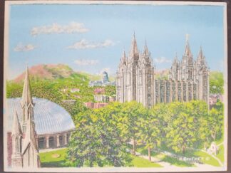 1953 --- Temple Square --- H. Bautner --- Original Handmade with brush & silkscreen in Oilcolors direct on masonite / Ha-Ba Color Creations Salt Lake City