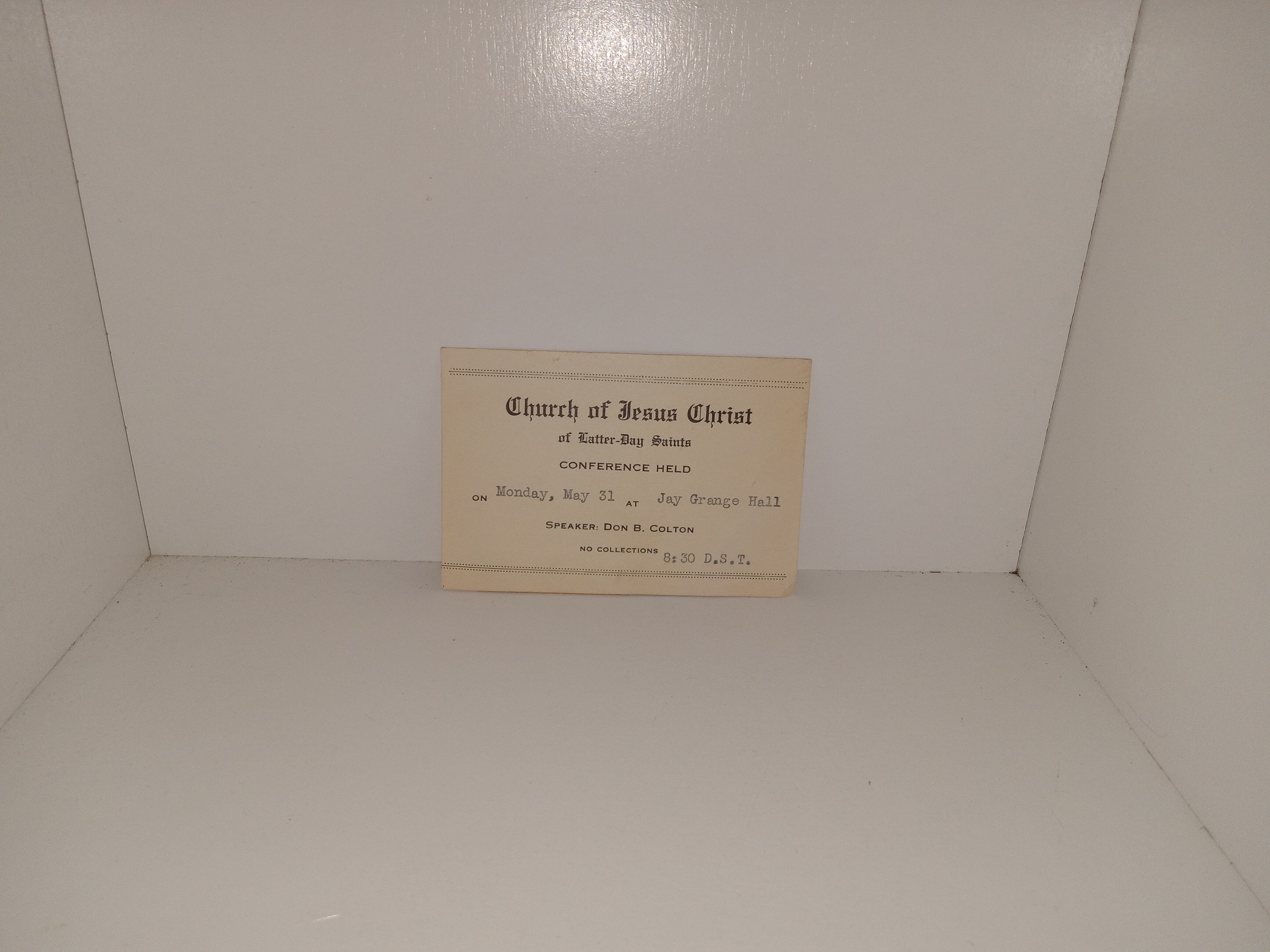 Church of Jesus Christ of Latter-day Saints Conference Card (Dated for Monday, May 31)