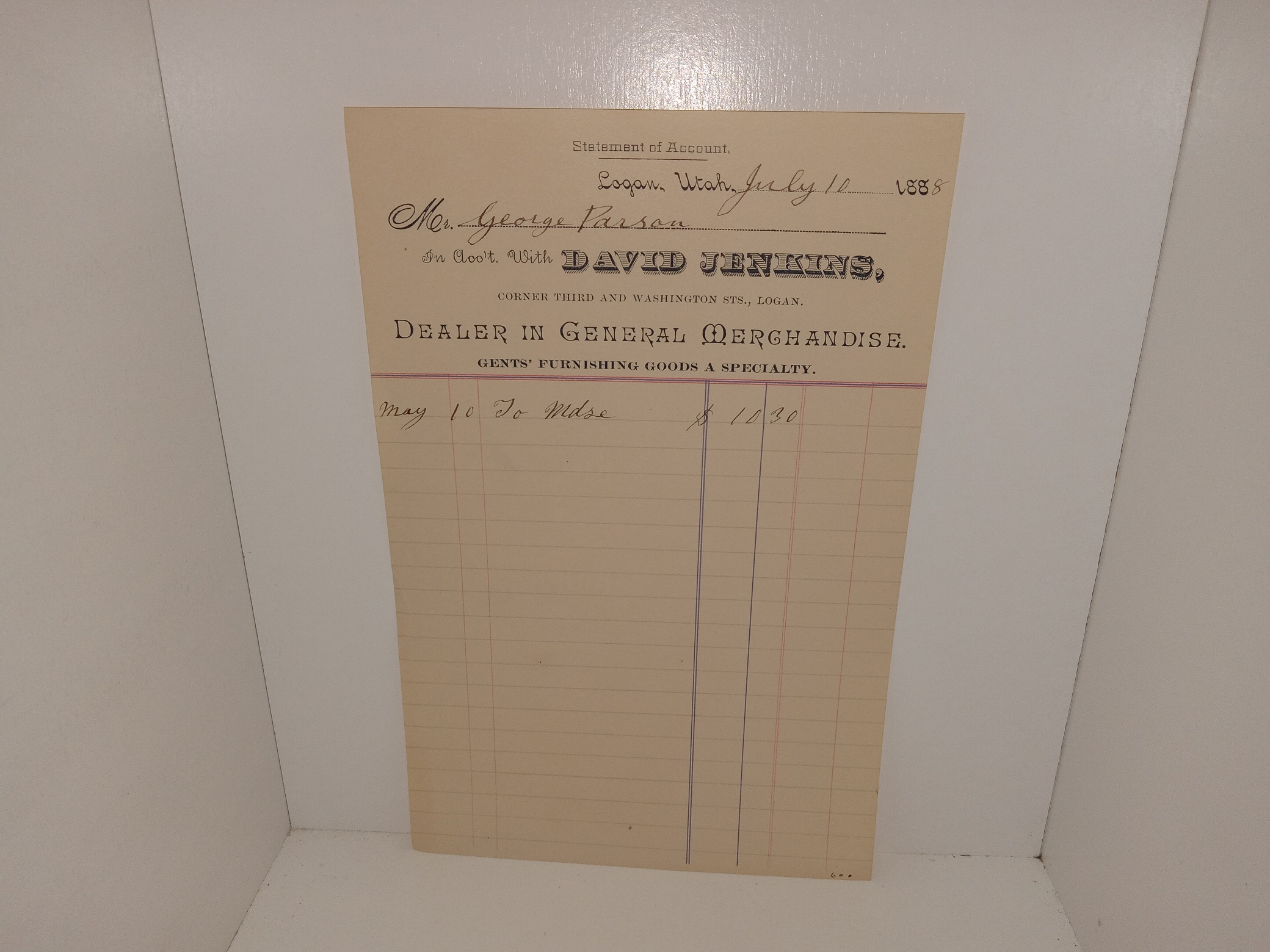 David Jenkins, Corner Third and Washington Sts., Corner Third and Washington Sts., Logan Statement of Account for George Parson, Dated July 10, 1888, Logan, Utah