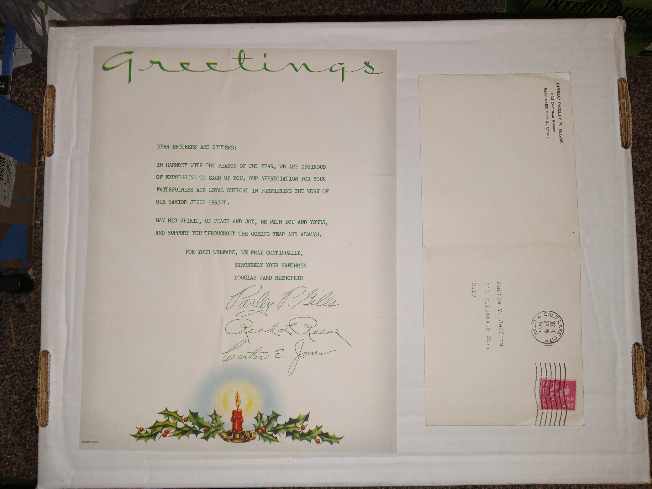 Typed Letter and Envelope from the Bishopric of the Douglas Ward (Unknown Printing Date)