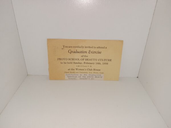 Provo School of Beauty Culture Graduation Exercise Invitation (Post Card) (Dated for Sunday February 16th, 1936)