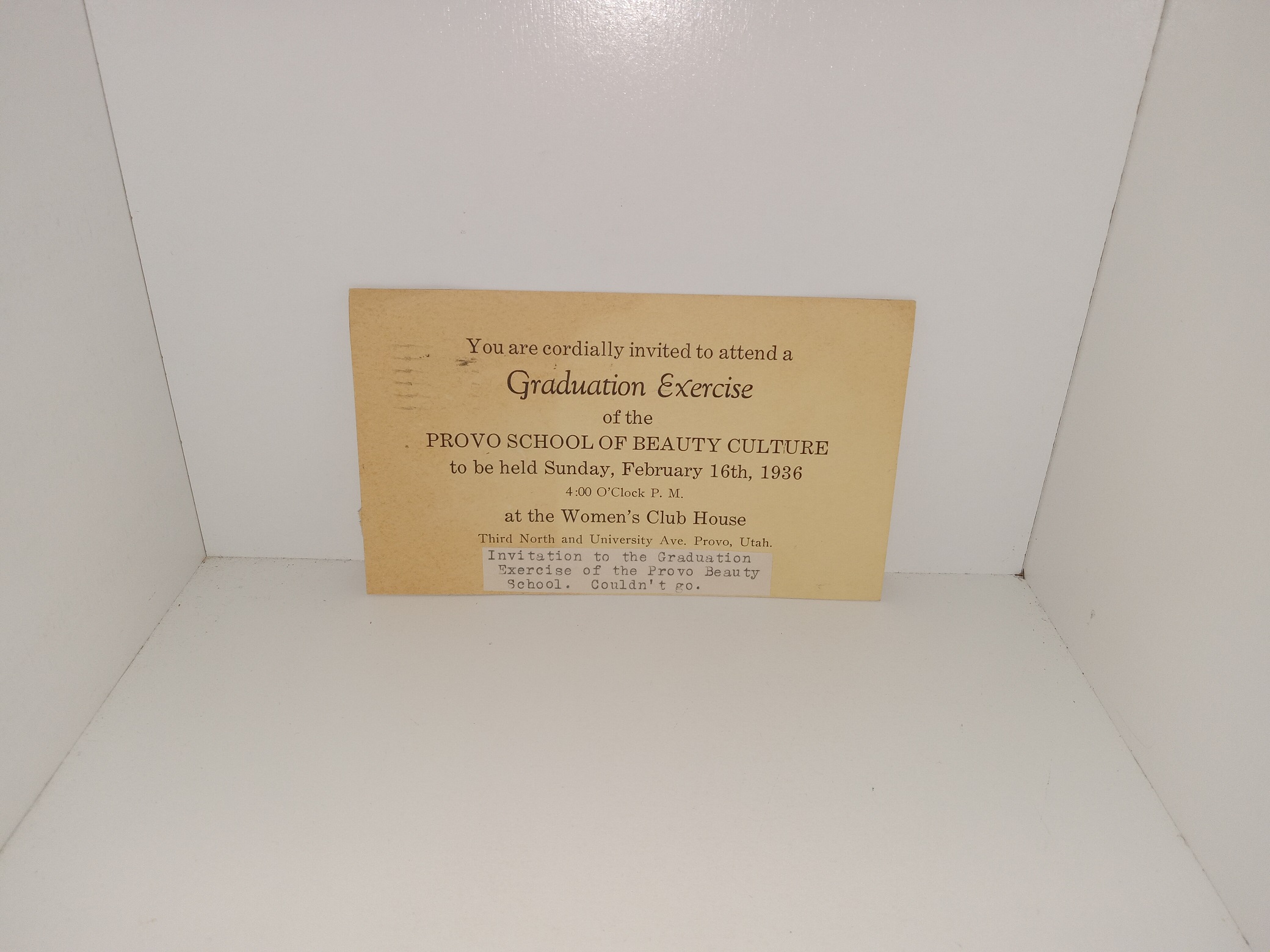 Provo School of Beauty Culture Graduation Exercise Invitation (Post Card) (Dated for Sunday February 16th, 1936)