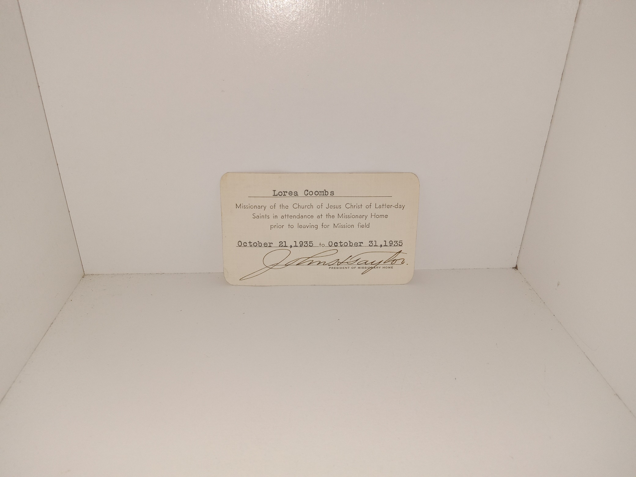 LDS Missionary Card for Lorea Coombs (Dated October 21, 1935 to October 31, 1935)